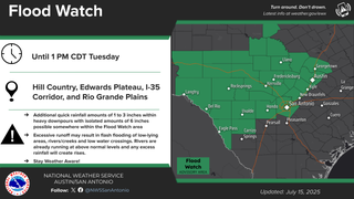 The National Weather Service issued a flood watch for the Hill Country, Edwards Plateau, I-35 Corridor and Rio Grande Plains